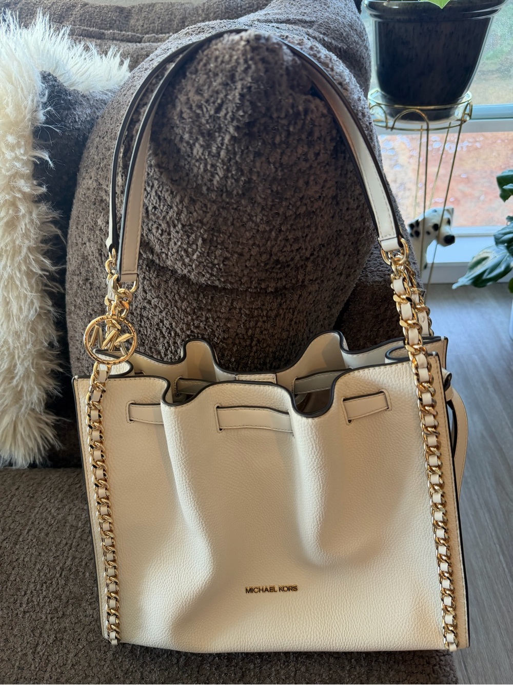 Michael Kors Mina Large Chain Shoulder Bag in Light Cream.